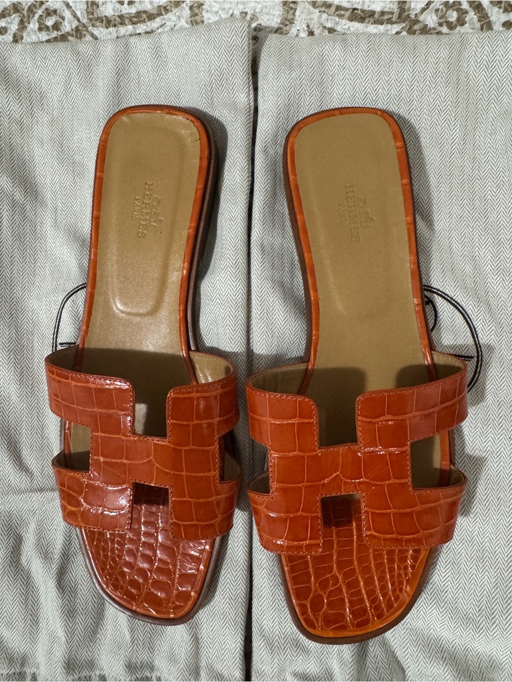 Hermès Oran orange crocodile sandals